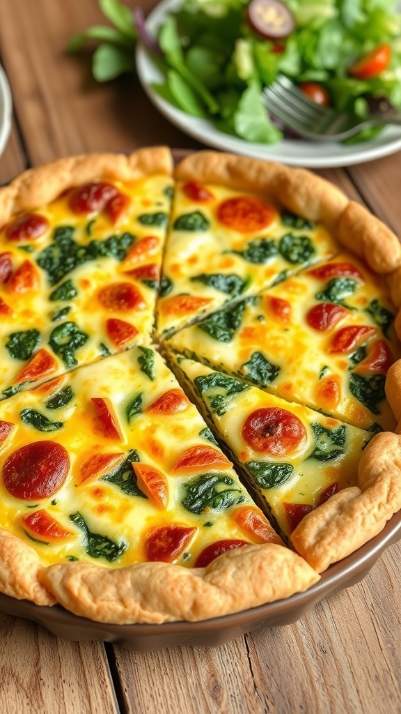 Savory Spinach and Cheese Quiche Recipe A slice of spinach and cheese quiche on a plate, showcasing a flaky crust and green filling, with a side salad.